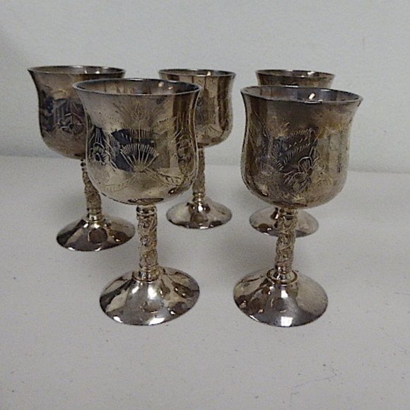 5 silverplate cordialwine glasses floral epns